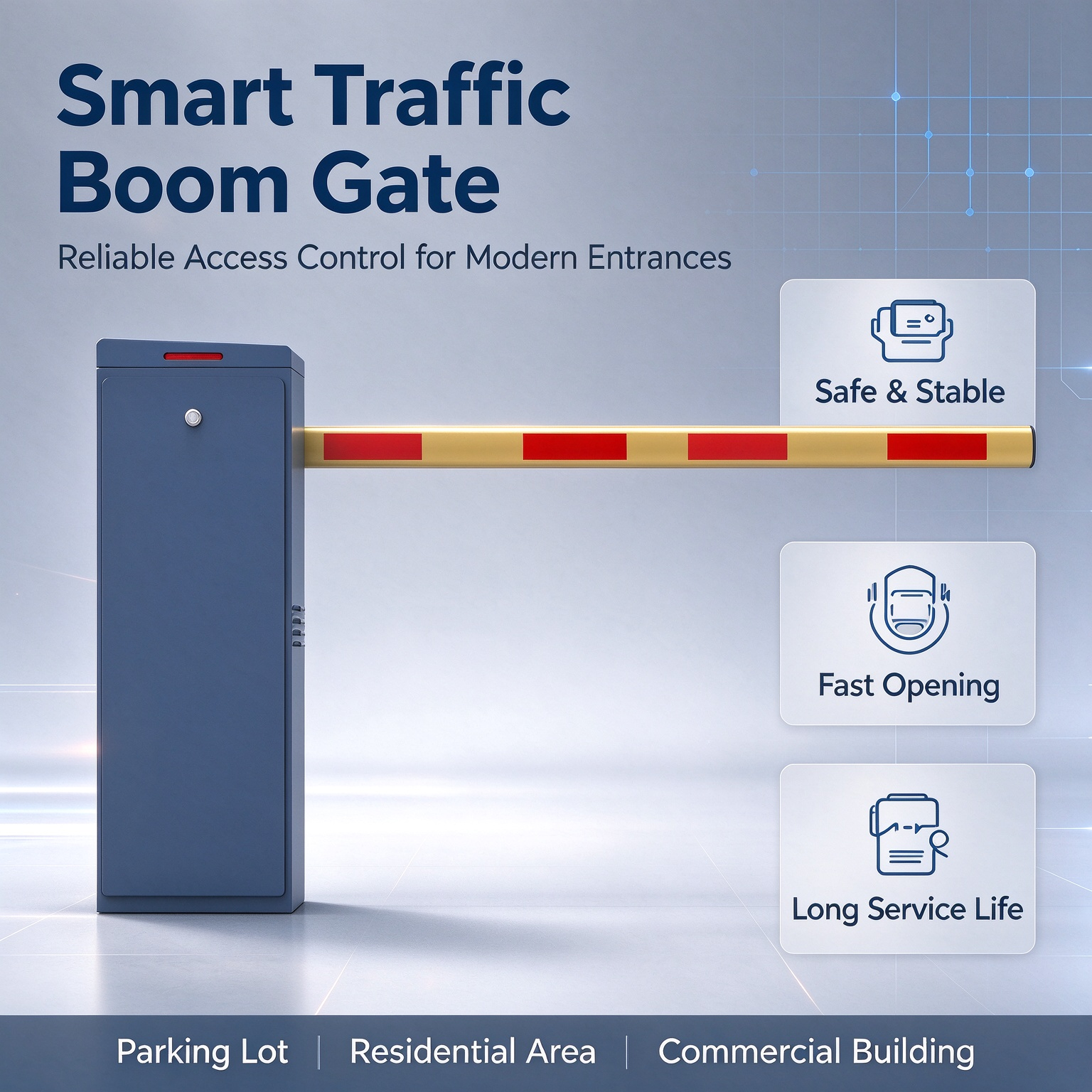 Straight-arm parking barrier with a metal cabinet and labels for safety, fast opening and long service life
