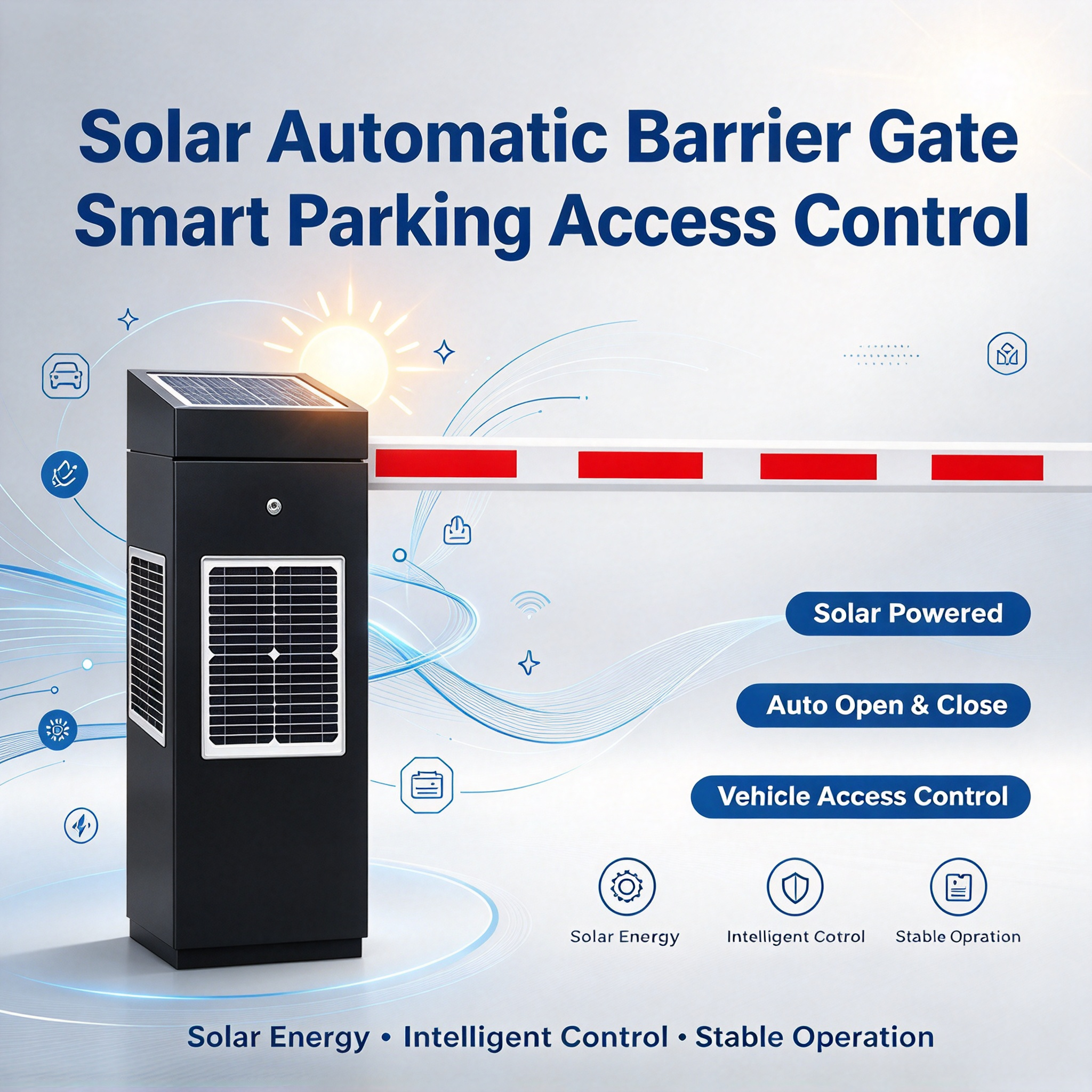 Solar-powered automatic parking barrier with a red and white arm and a black cabinet