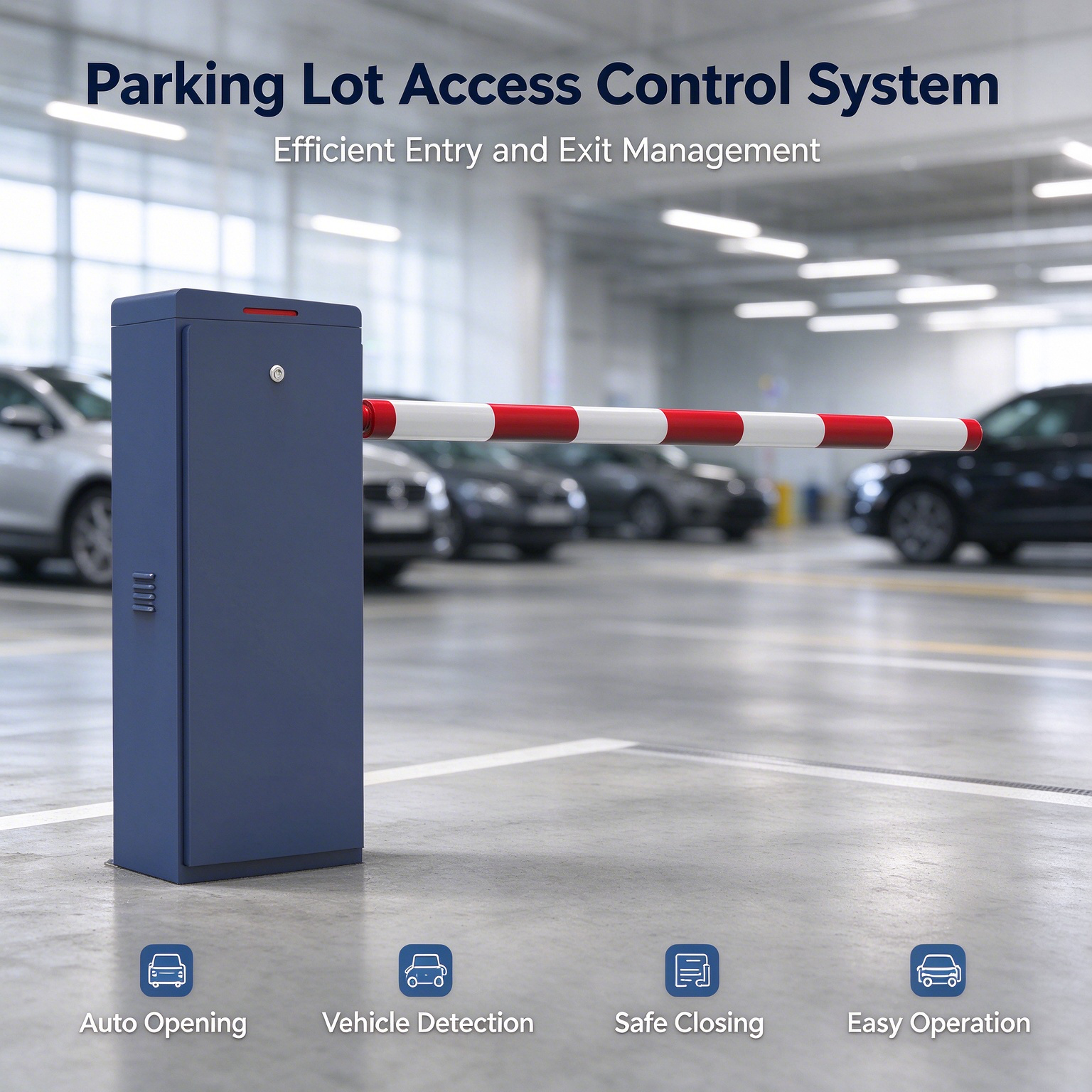 Parking barrier with a red and white arm inside an indoor car park, highlighting automatic opening, vehicle detection and safe closing