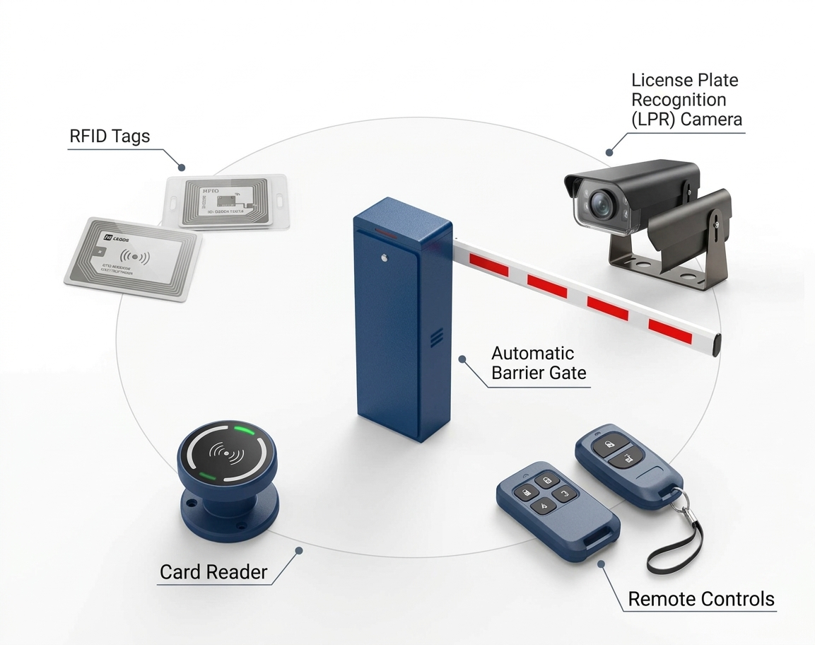 Parking barrier components: cabinet, arm and control unit
