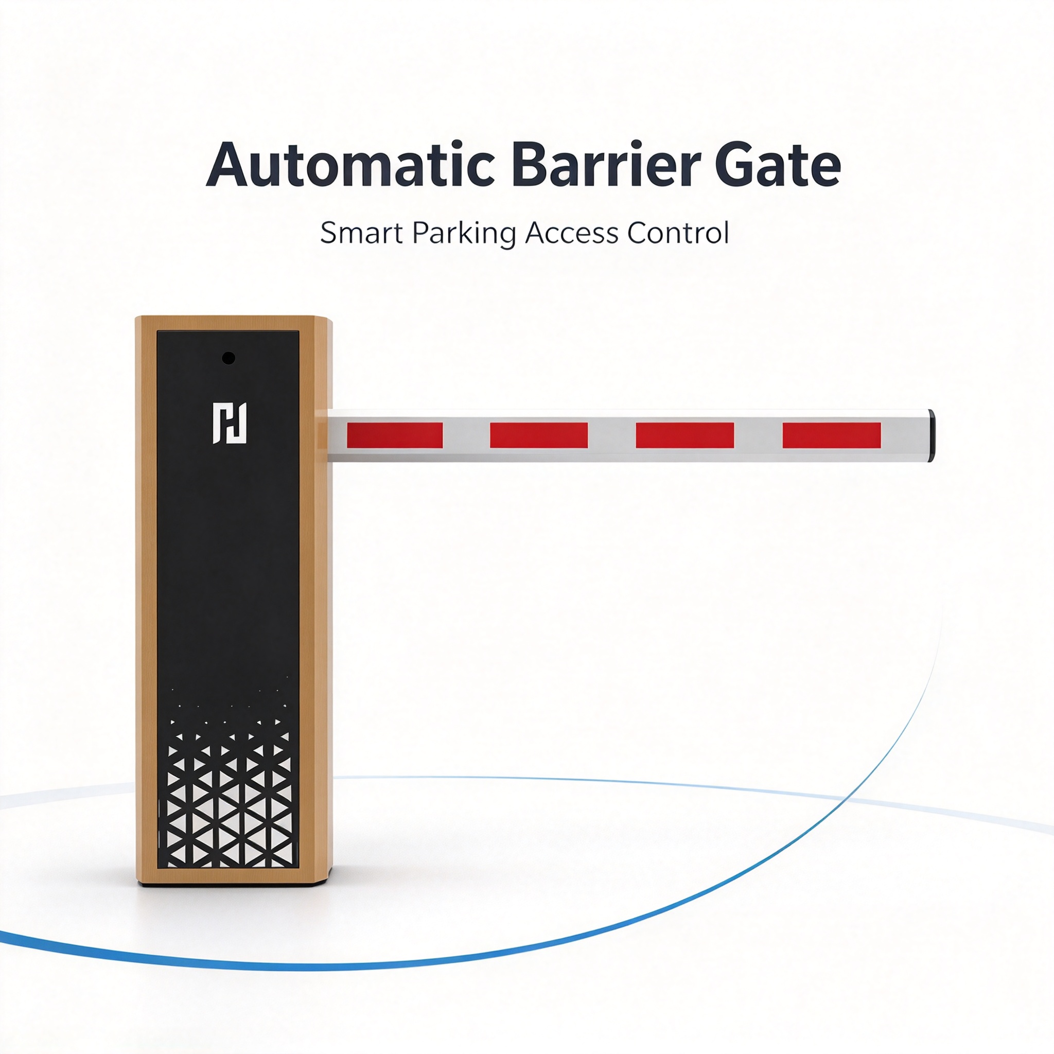 Automatic parking barrier with a red and white arm and a wood-coloured cabinet