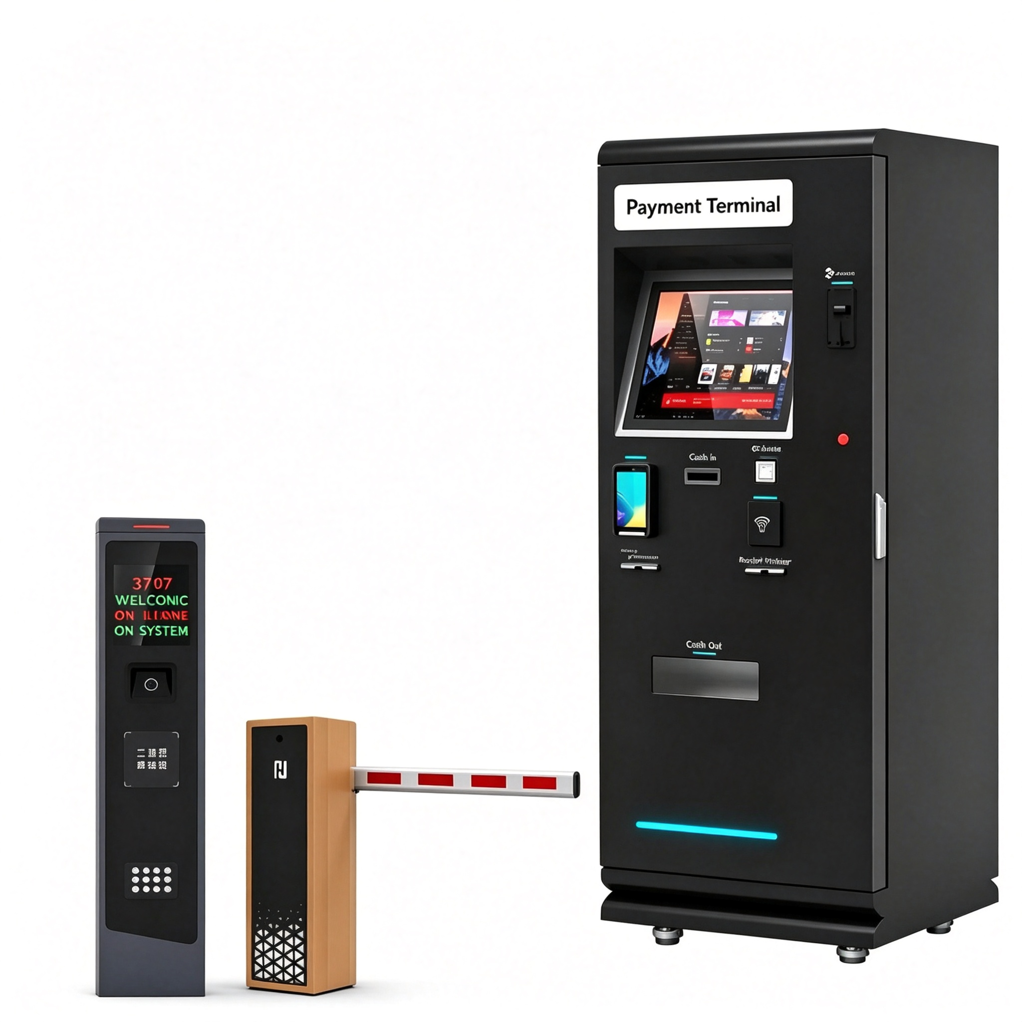 Payment terminal with a card reader and a parking barrier in an indoor car park
