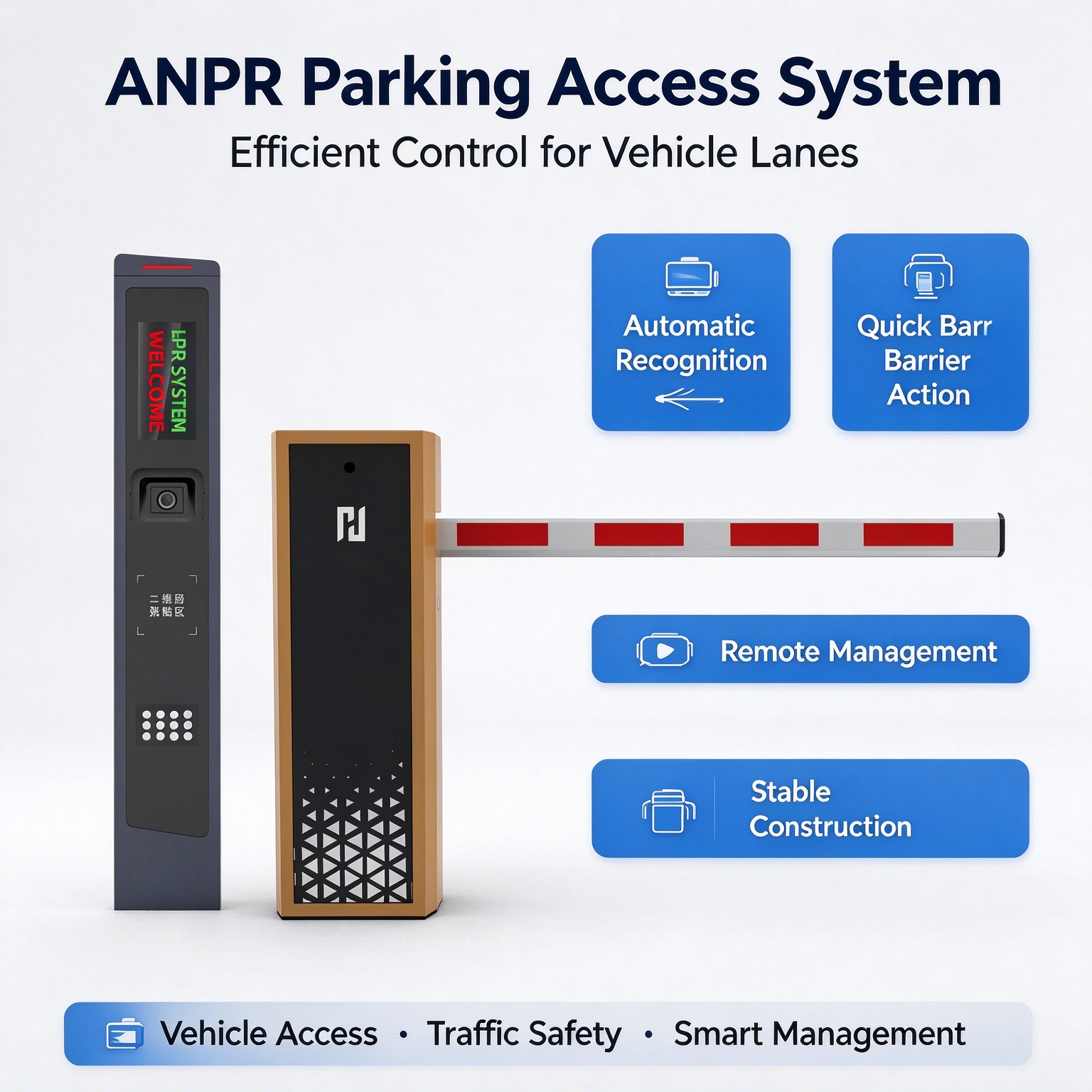 ANPR parking access system with a red and white barrier arm and a licence plate reading terminal