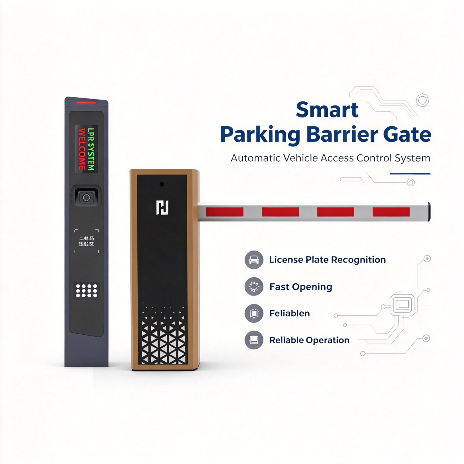 Licence plate recognition camera mounted at a car park entrance with an automatic barrier