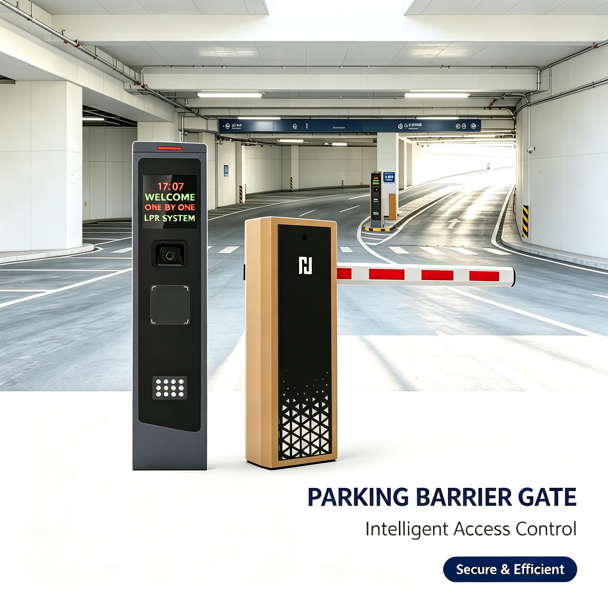 Parking barrier with a licence plate recognition terminal at the entrance of an underground car park with a sloped drive