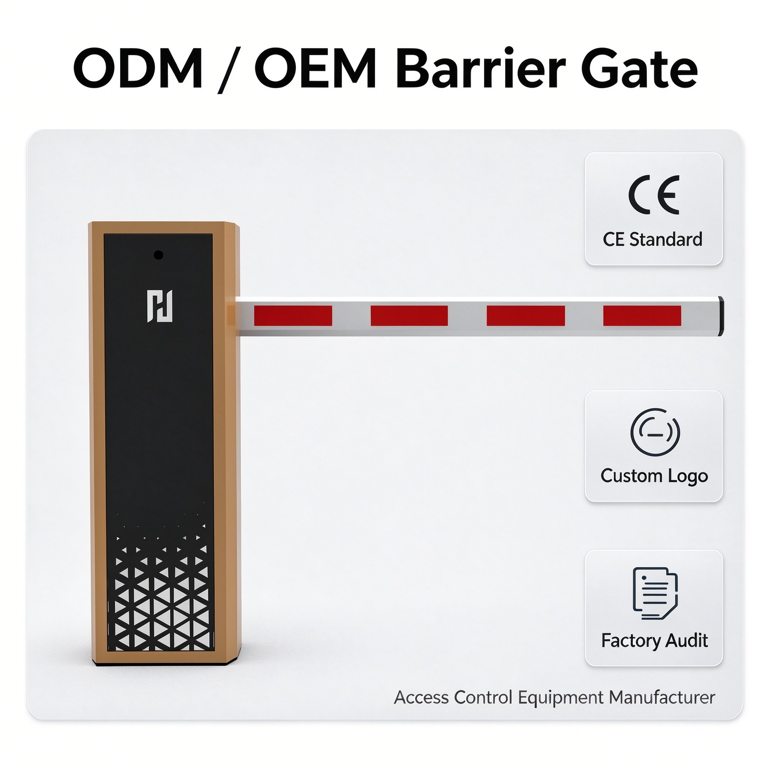 ODM and OEM barrier gate with a black cabinet, a red and white straight boom, custom logo option and CE reference