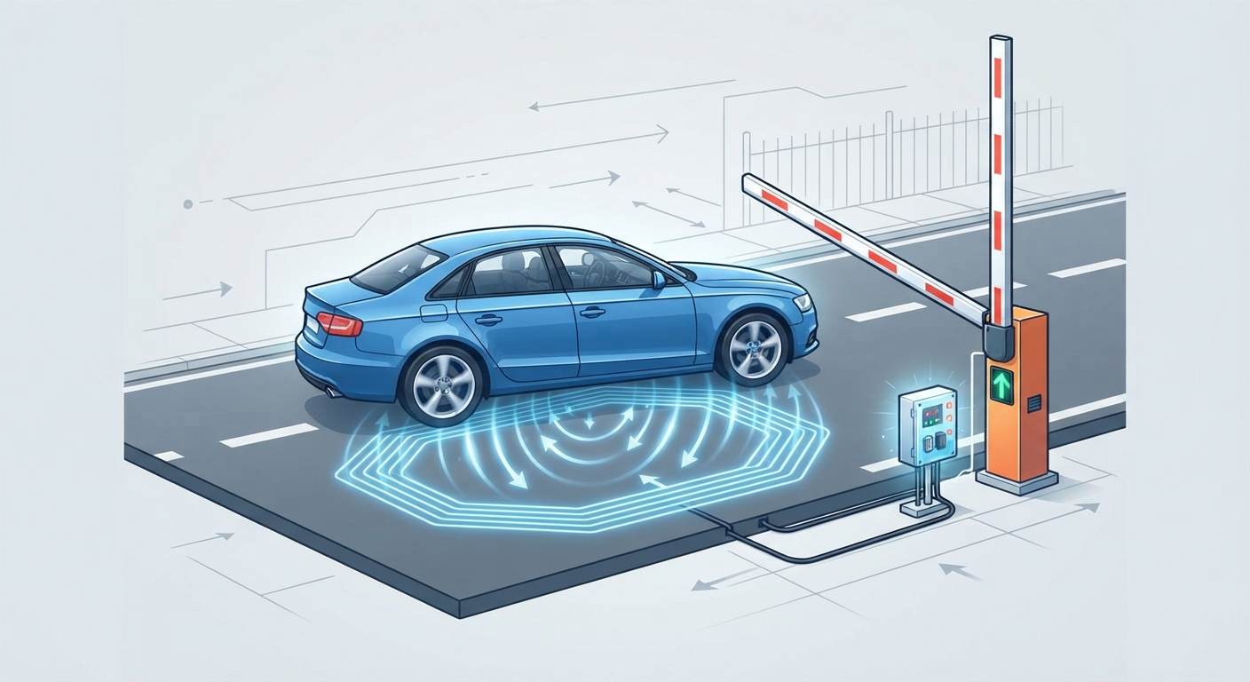 Car passing over an induction loop in front of a raised parking barrier with a control box beside the cabinet
