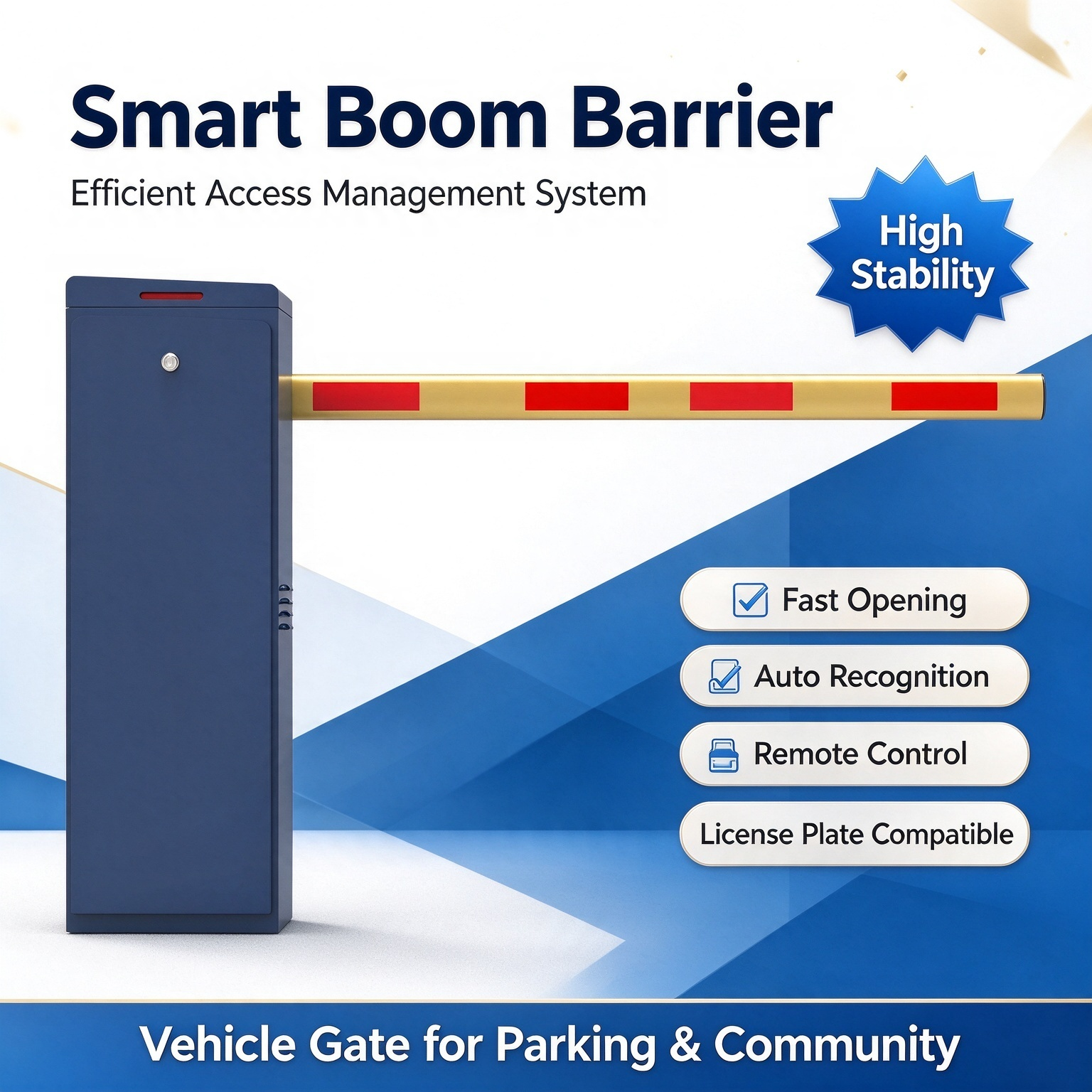 Automatic parking barrier gate with a red and white arm and a metal cabinet at a car park entrance