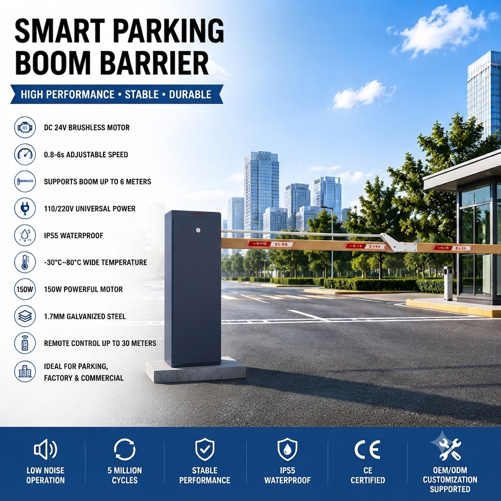Specification sheet for a smart parking barrier with a brushless motor, adjustable speed, support for arms up to 6 metres and IP55 protection