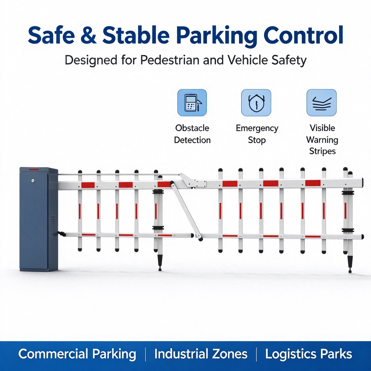 Double fence boom barrier in white and red with icons for obstacle detection, emergency stop and visible warning stripes