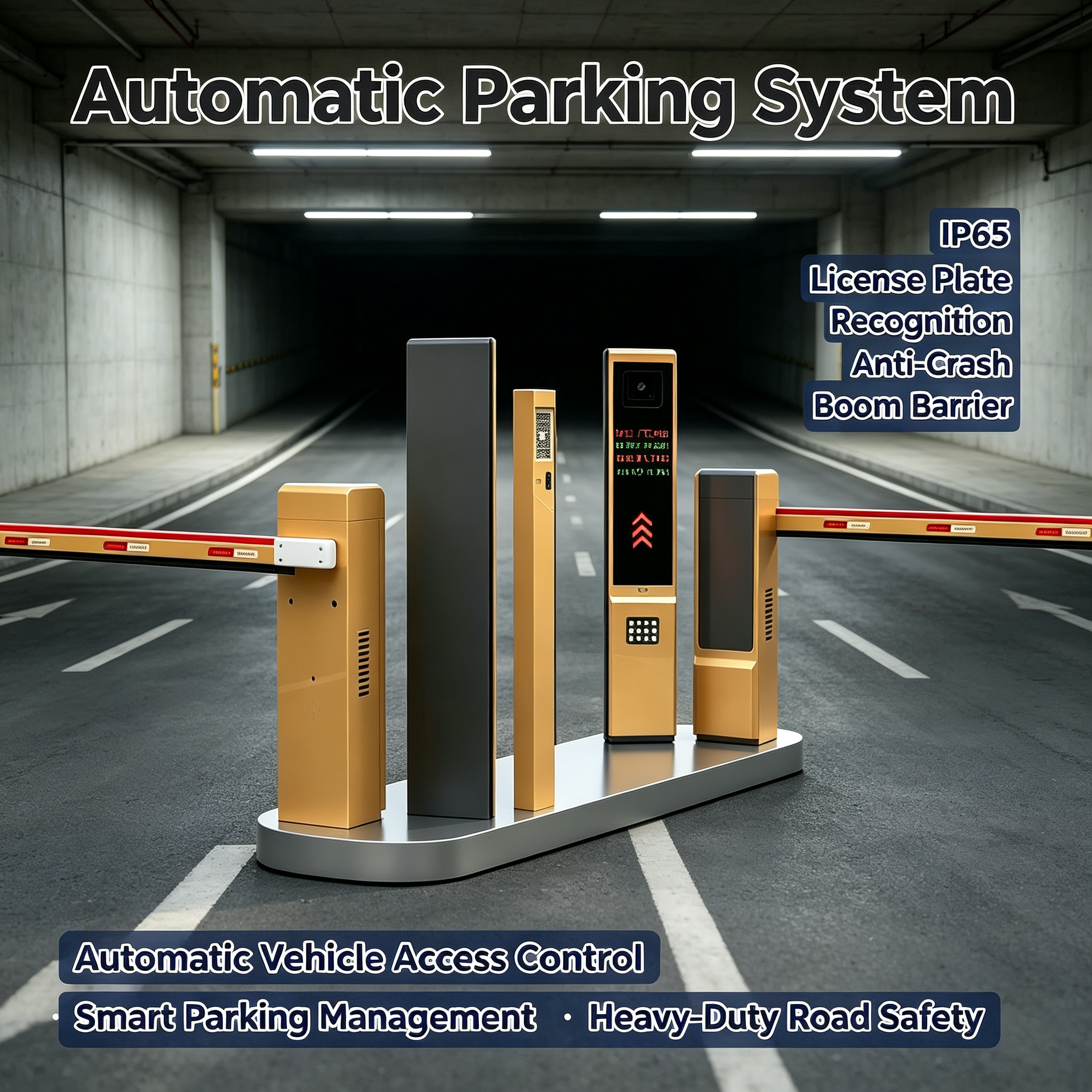Automatic parking system at an underground car park entrance with two barriers, a licence plate recognition terminal and two control cabinets