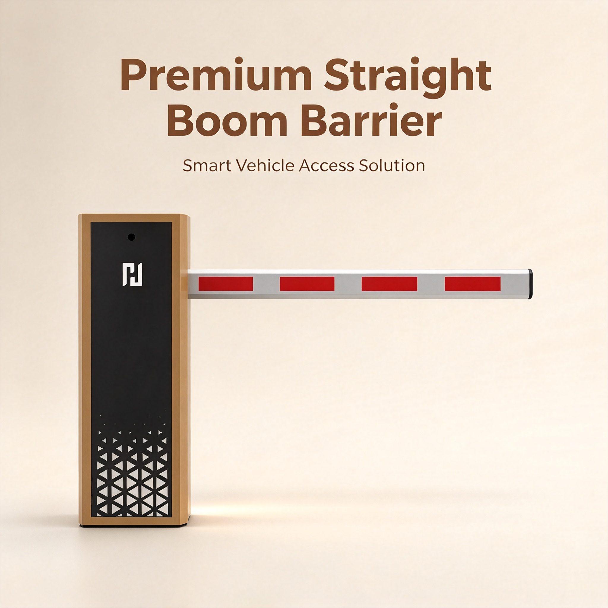 Parking barrier with a straight boom and a wood-finish cabinet, labelled as a premium boom barrier