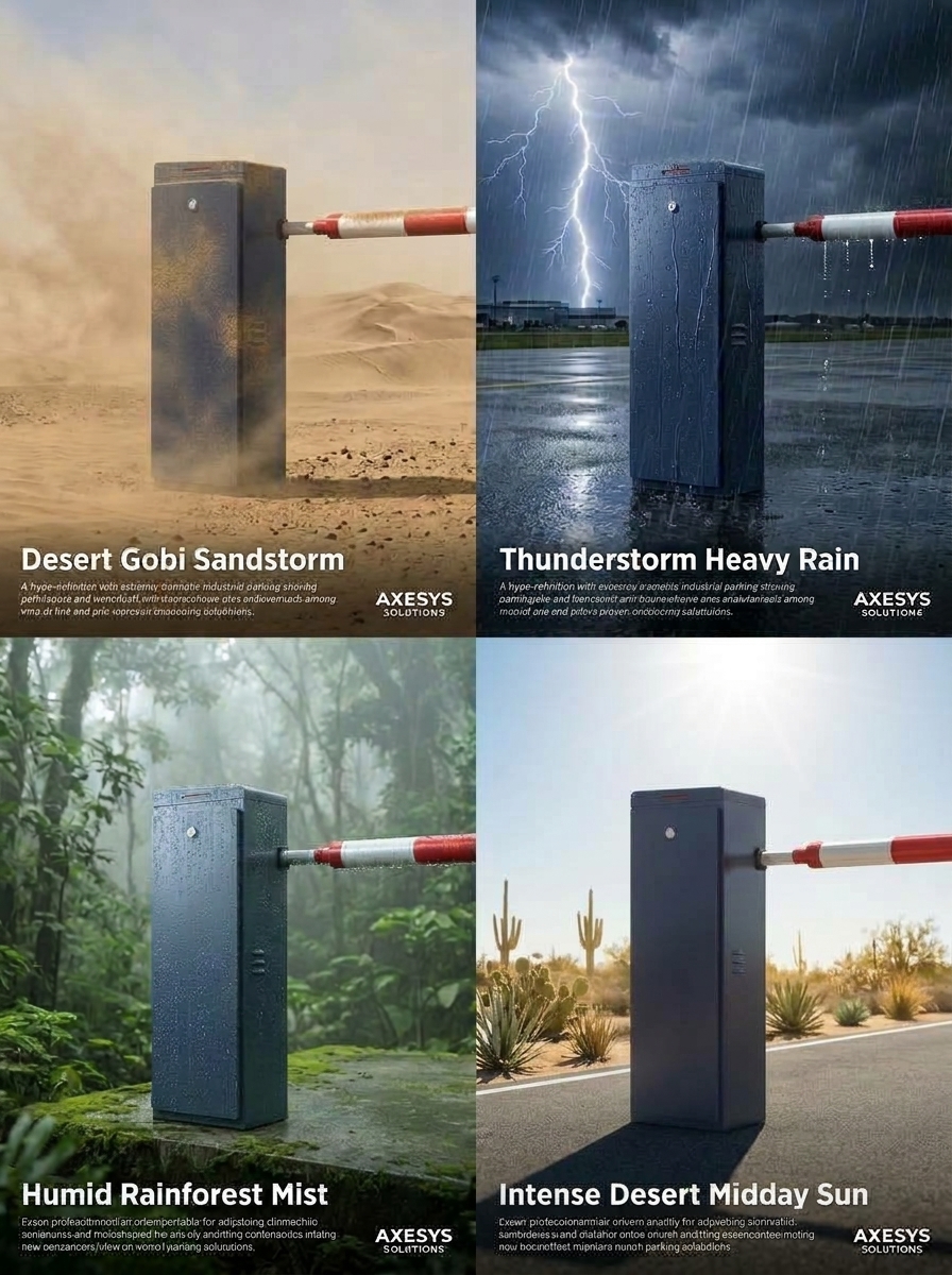 Four panels showing a parking barrier in harsh weather conditions: desert sandstorm, heavy rain, high humidity and intense midday sun