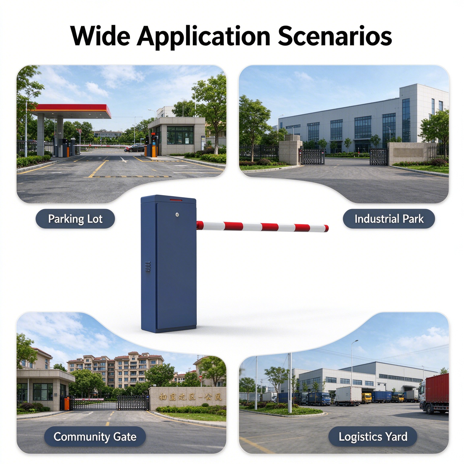 Automatic parking barrier installed in four applications: a car park, an industrial area, a residential compound gate and a logistics yard