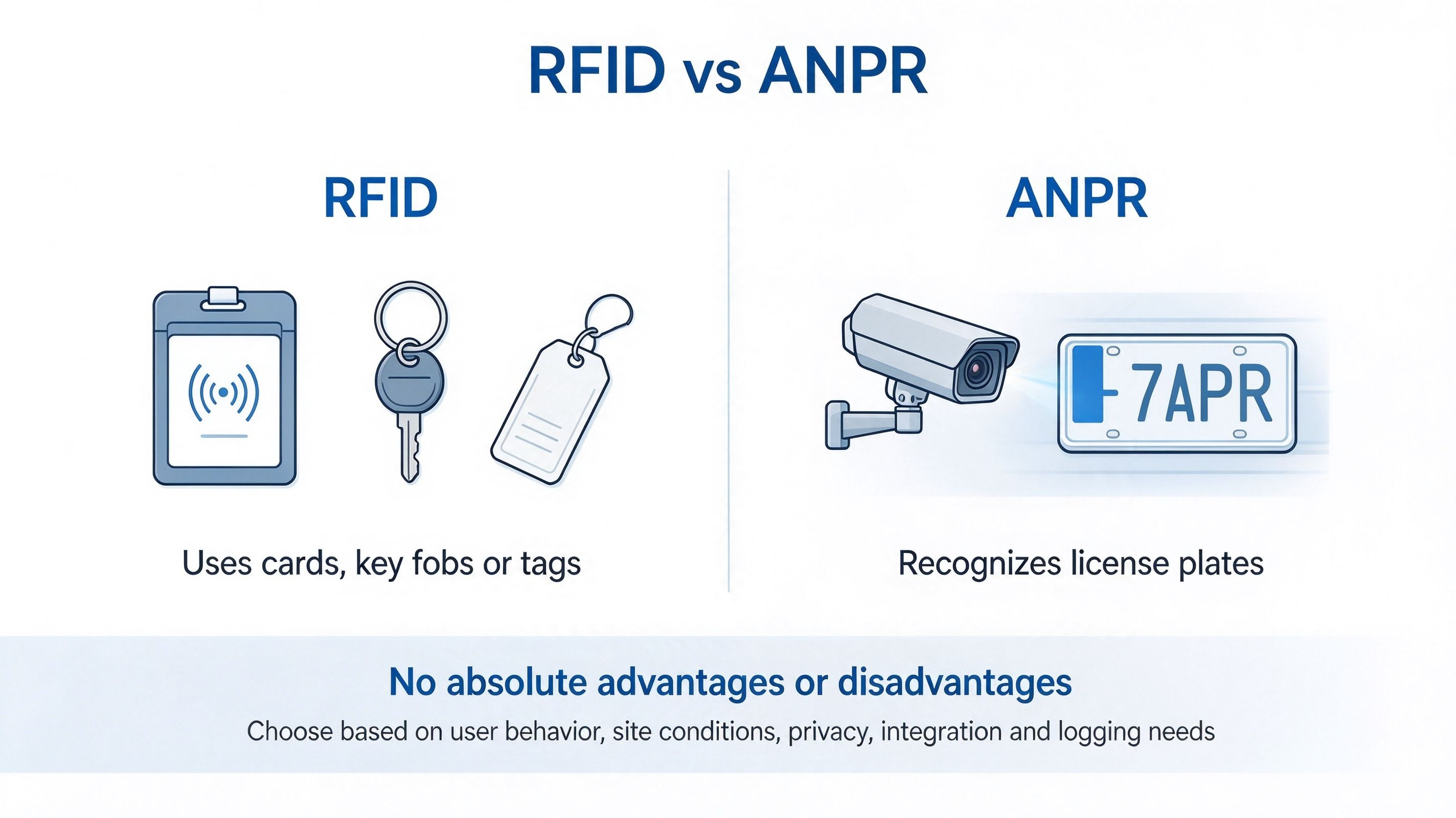 Illustrated comparison of RFID, which uses cards, key fobs and tags, and ANPR, which reads vehicle plates with a camera