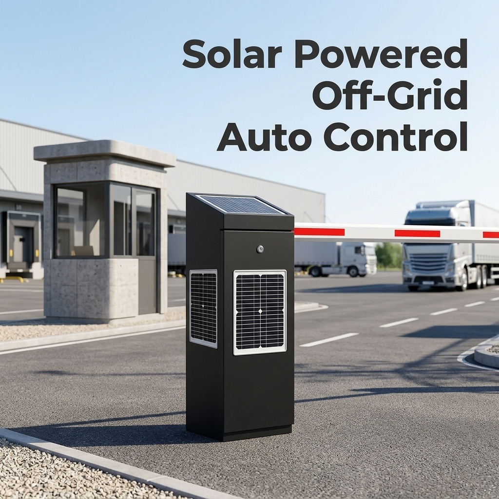 Solar-powered parking barrier at the gate of an industrial facility with trucks in the background
