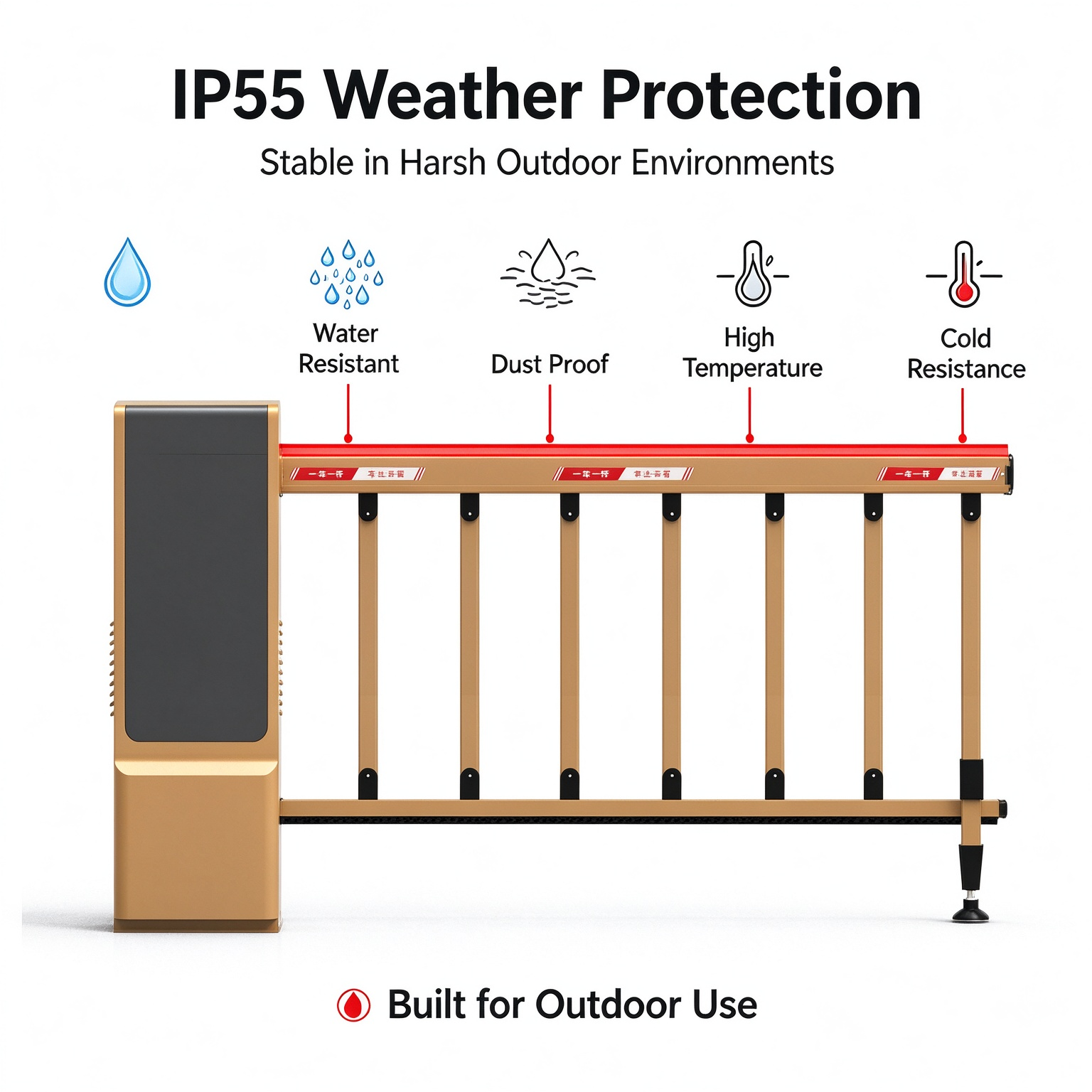 Gold-coloured fence-arm parking barrier with IP55 protection data against water, dust and temperature