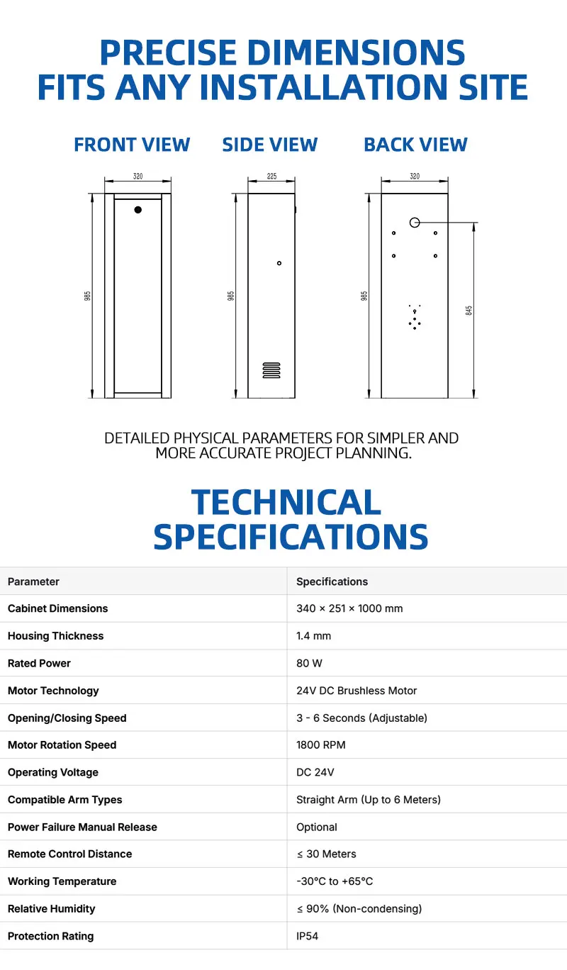 Baroxon automatic traffic control arm mechanism displaying heavy duty galvanized chassis and high frequency arm configurations